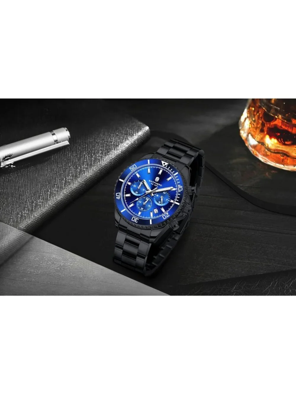 Men's Black Strap Blue Face Quartz Chronograph Stainless Steel Waterproof Watch